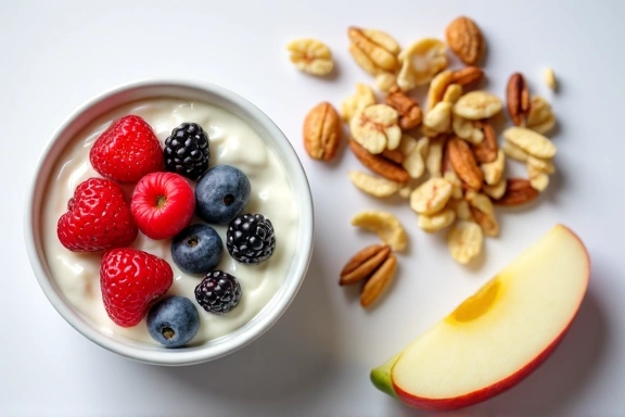 Immagine di spuntini sani come frutta secca e yogurt