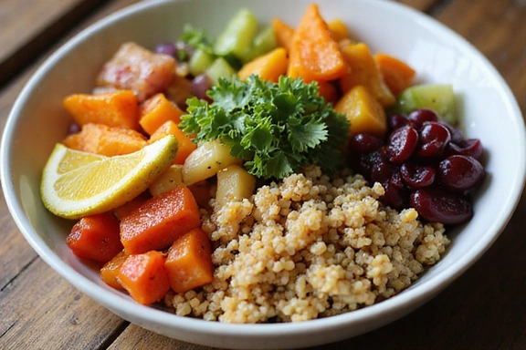 Immagine di un piatto di verdure colorate e cereali integrali